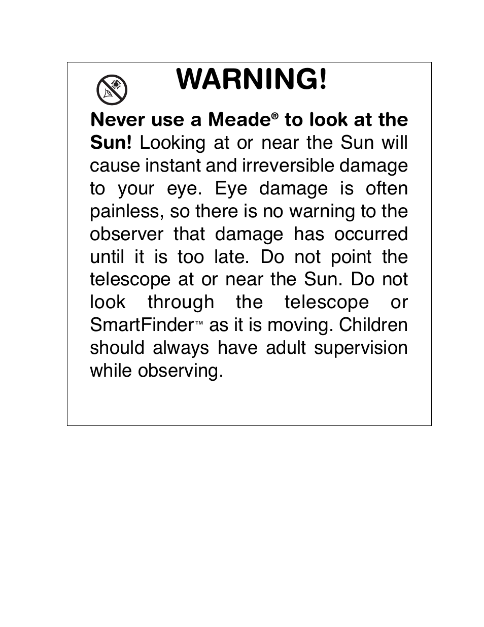 Warning | Meade Instruments LightBridge Truss Tube User Manual | Page 2 / 24