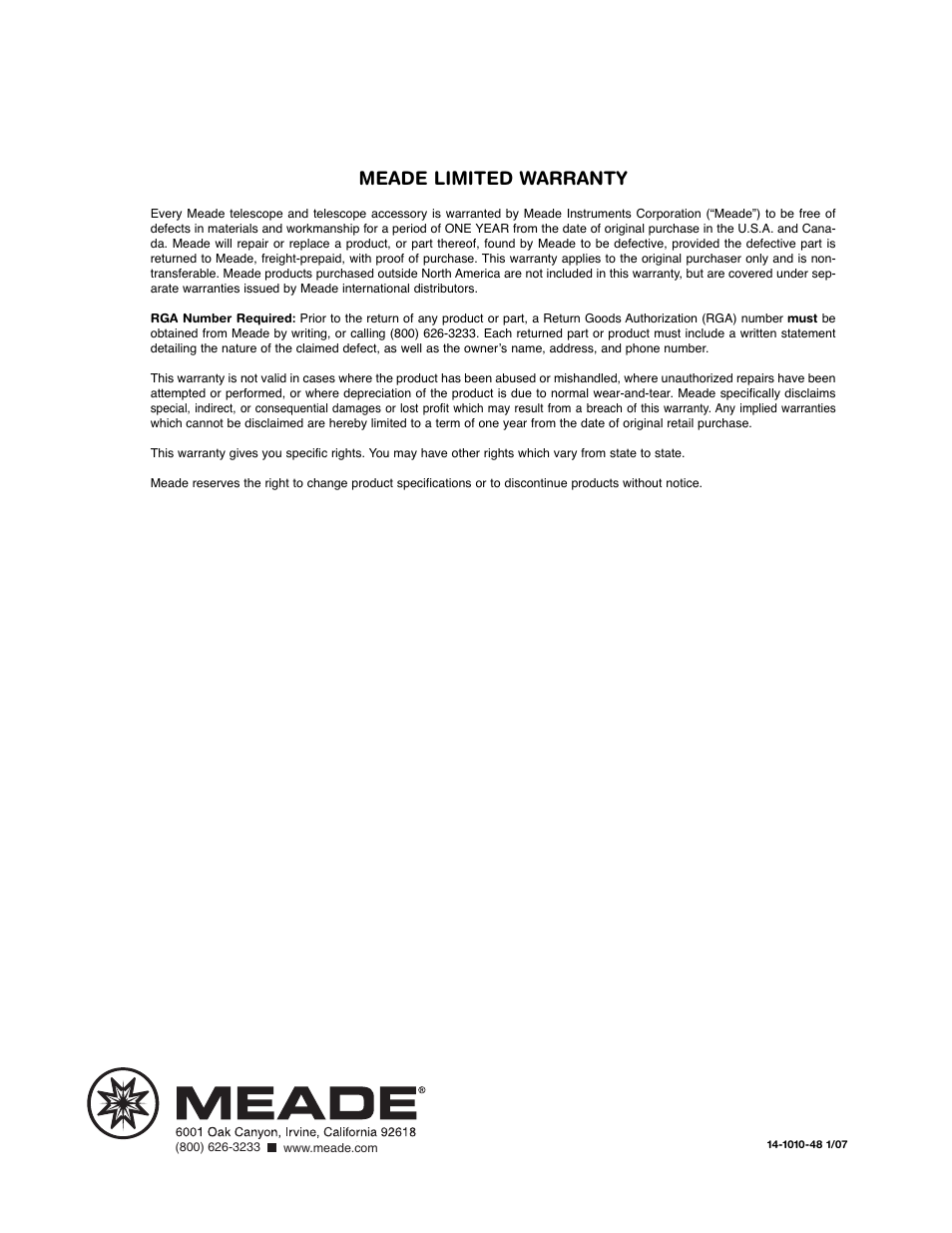 Meade limited warranty | Meade Instruments LightBridge Truss Tube User Manual | Page 24 / 24