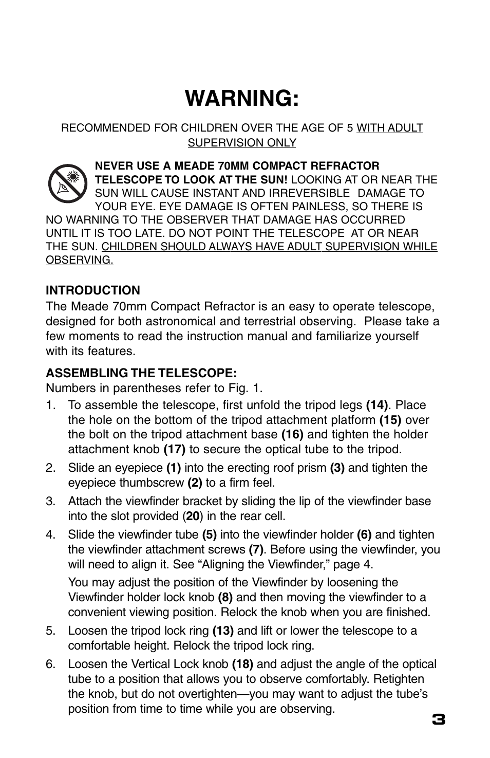 Warning | Meade Instruments 70AZ-TR User Manual | Page 3 / 7
