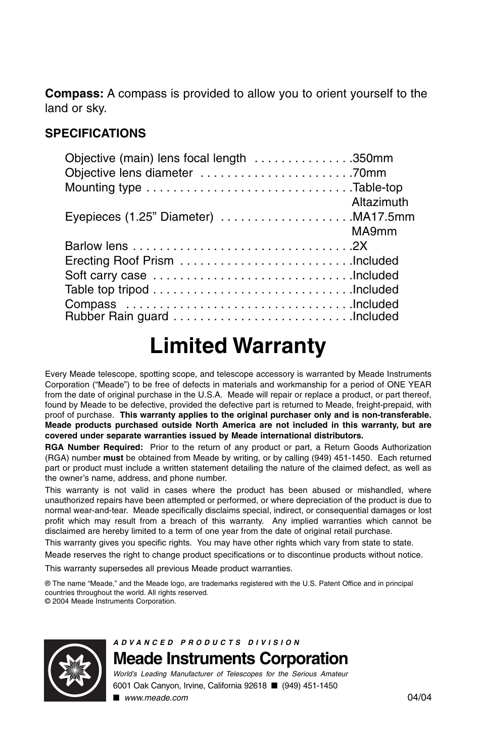 Limited warranty, Meade instruments corporation | Meade Instruments 70AZ-TR User Manual | Page 7 / 7