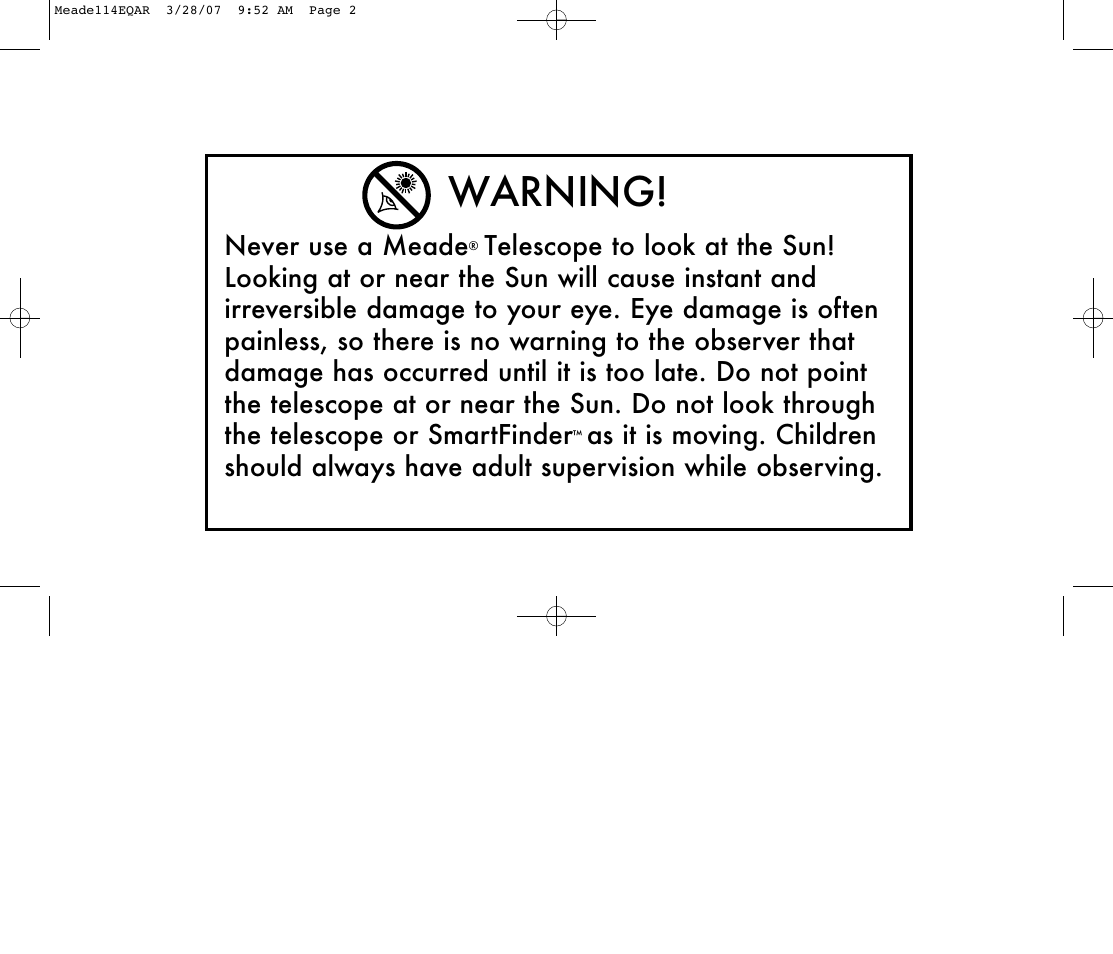 Warning | Meade Instruments 114EQ-AR User Manual | Page 2 / 28