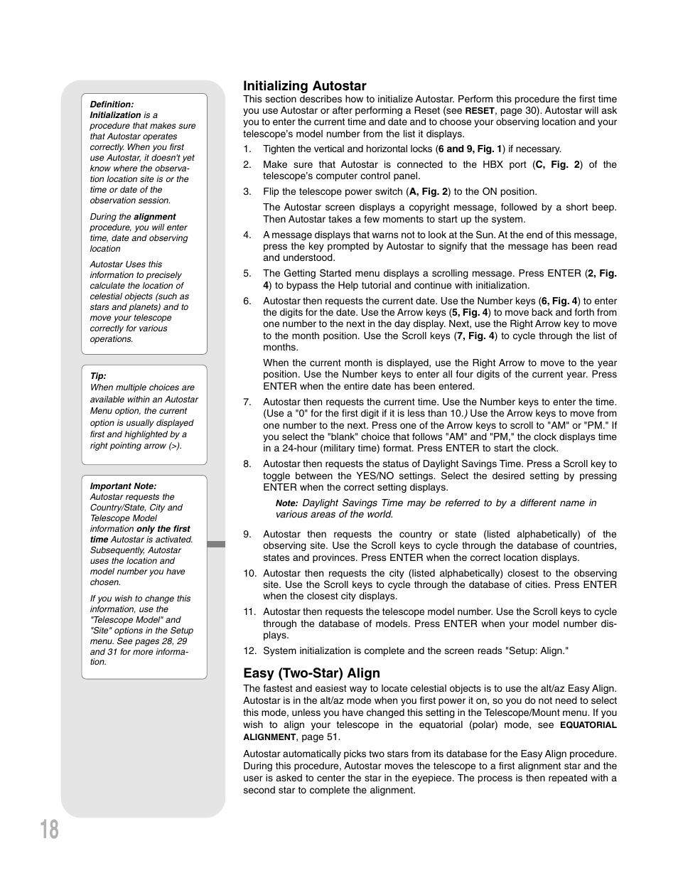 Initializing autostar, Easy (two-star) align | Meade Instruments ETX 90AT User Manual | Page 18 / 60