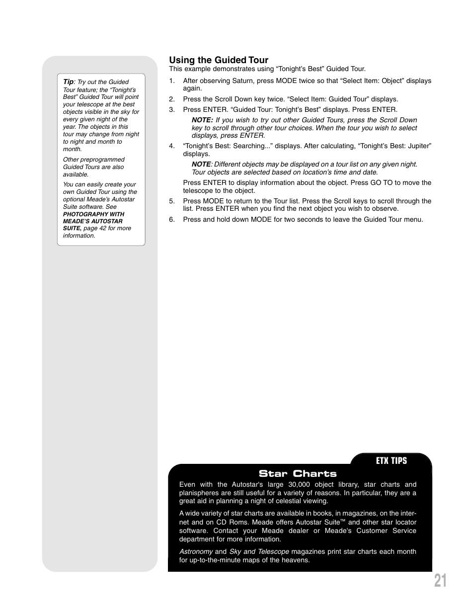Using the guided tour, Etx tips star charts | Meade Instruments ETX 90AT User Manual | Page 21 / 60
