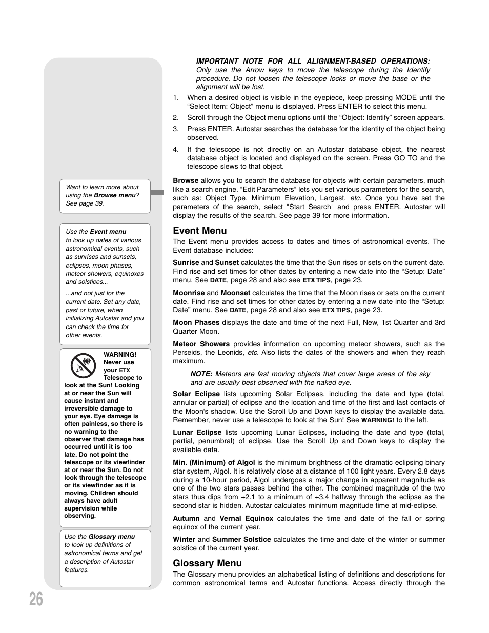 Event menu, Glossary menu | Meade Instruments ETX 90AT User Manual | Page 26 / 60