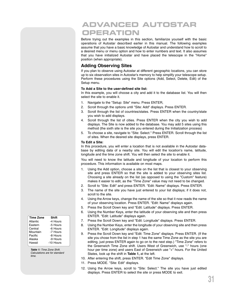 Advanced autostar operation, Adding observing sites | Meade Instruments ETX 90AT User Manual | Page 31 / 60