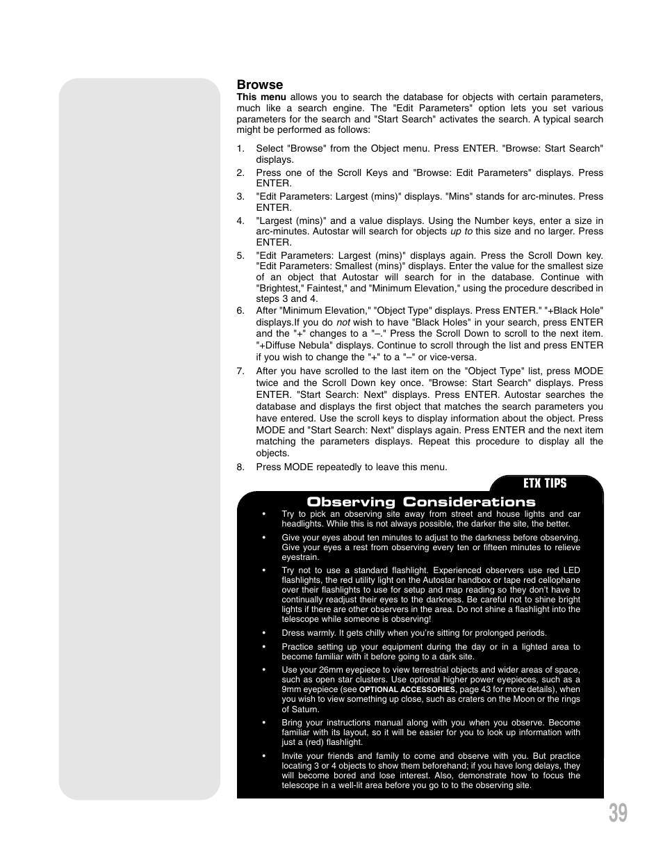 Browse, Etx tips observing considerations | Meade Instruments ETX 90AT User Manual | Page 39 / 60