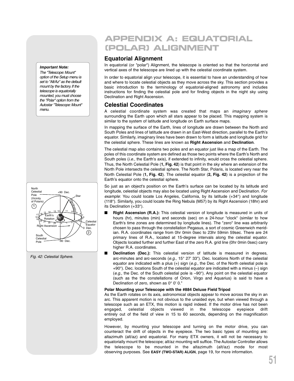 Appendix a: equatorial (polar) alignment, Equatorial alignment, Celestial coordinates | Meade Instruments ETX 90AT User Manual | Page 51 / 60