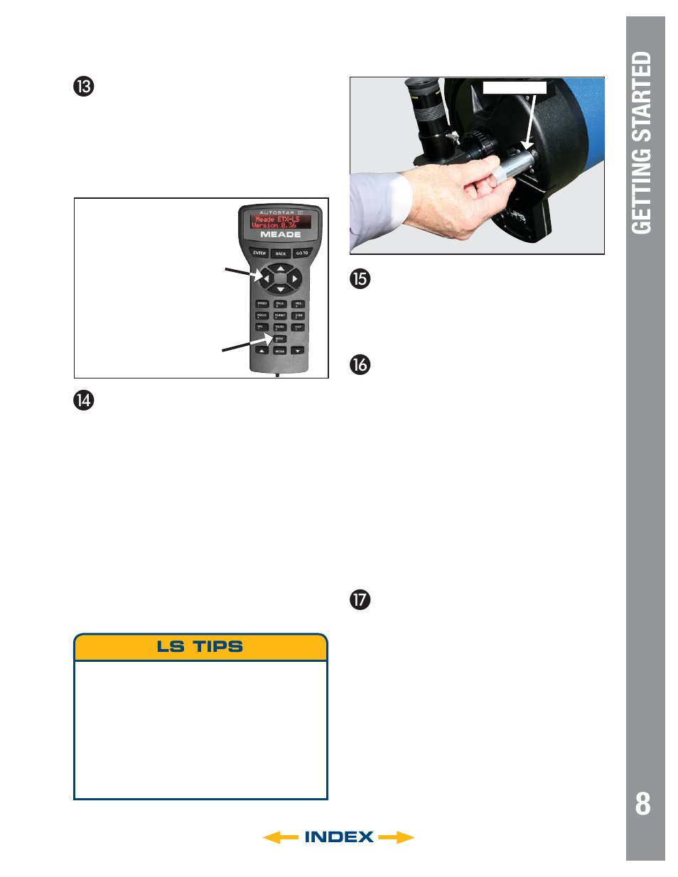 Getting st ar ted, Index, Ls tips | Meade Instruments 6" LS-6 ACF User Manual | Page 8 / 47