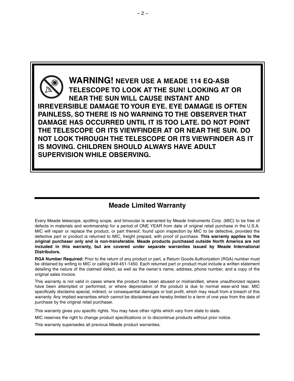 Warning | Meade Instruments 114 EQ-ASB User Manual | Page 2 / 16
