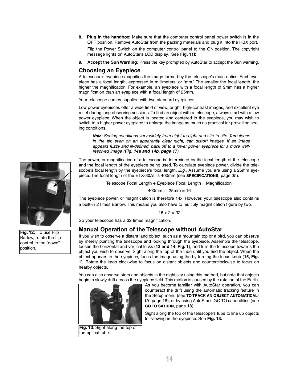 Choosing an eyepiece, Manual operation of the telescope without autostar | Meade Instruments ETX-80AT-TC User Manual | Page 14 / 44