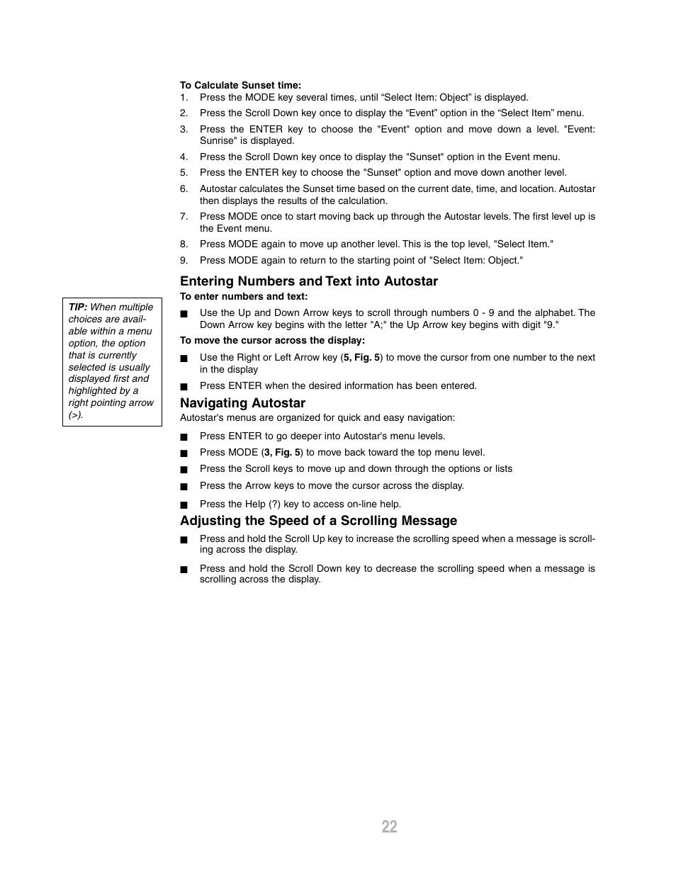 Entering numbers and text into autostar, Navigating autostar, Adjusting the speed of a scrolling message | Meade Instruments ETX-80AT-TC User Manual | Page 22 / 44