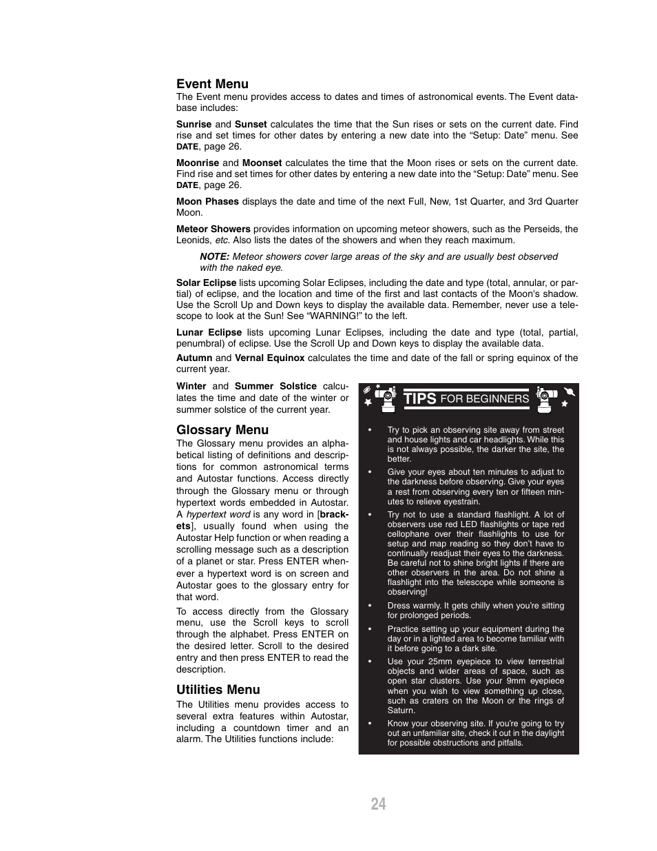 Tips, Event menu, Glossary menu | Utilities menu | Meade Instruments ETX-80AT-TC User Manual | Page 24 / 44