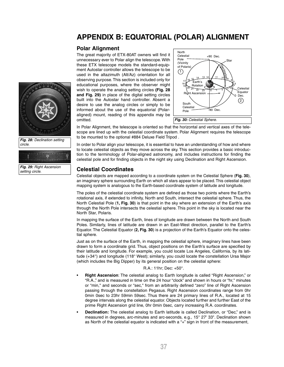 Appendix b: equatorial (polar) alignment, Polar alignment, Celestial coordinates | Meade Instruments ETX-80AT-TC User Manual | Page 37 / 44