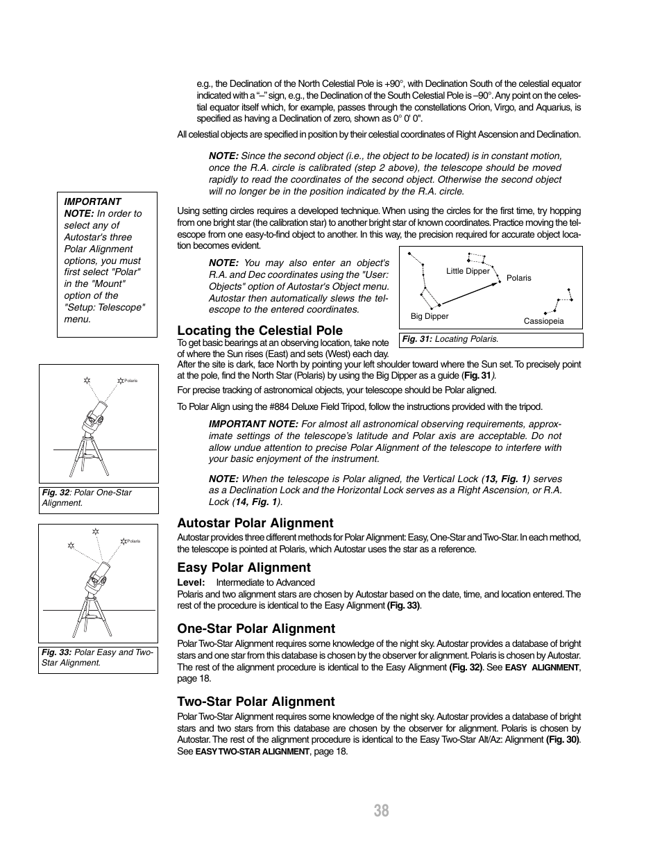 Locating the celestial pole, Autostar polar alignment, Easy polar alignment | One-star polar alignment, Two-star polar alignment | Meade Instruments ETX-80AT-TC User Manual | Page 38 / 44