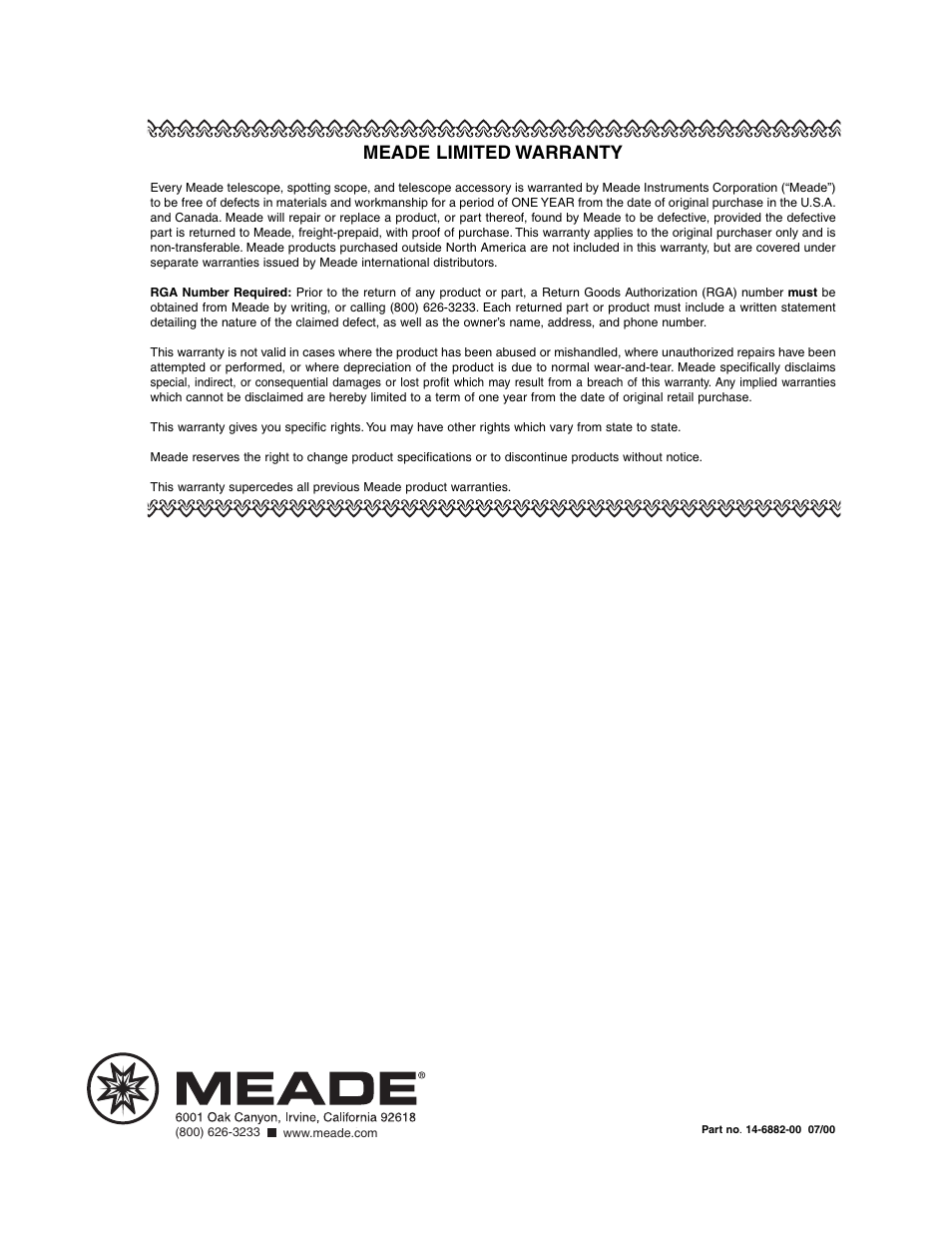 Meade limited warranty | Meade Instruments ETX-80AT-TC User Manual | Page 44 / 44