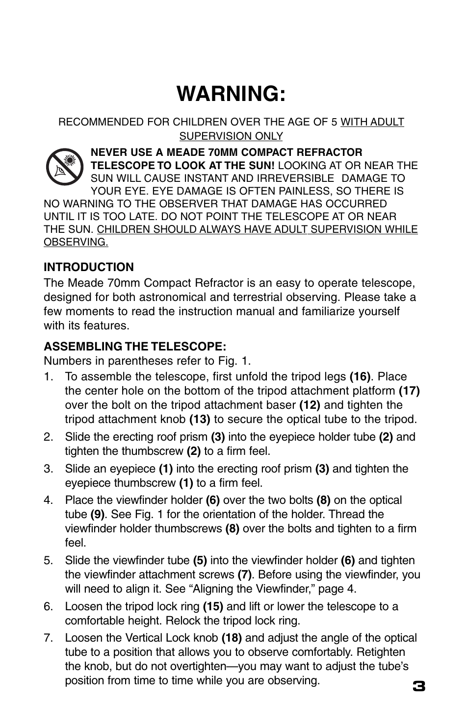 Warning | Meade Instruments 70AZ-T User Manual | Page 3 / 7