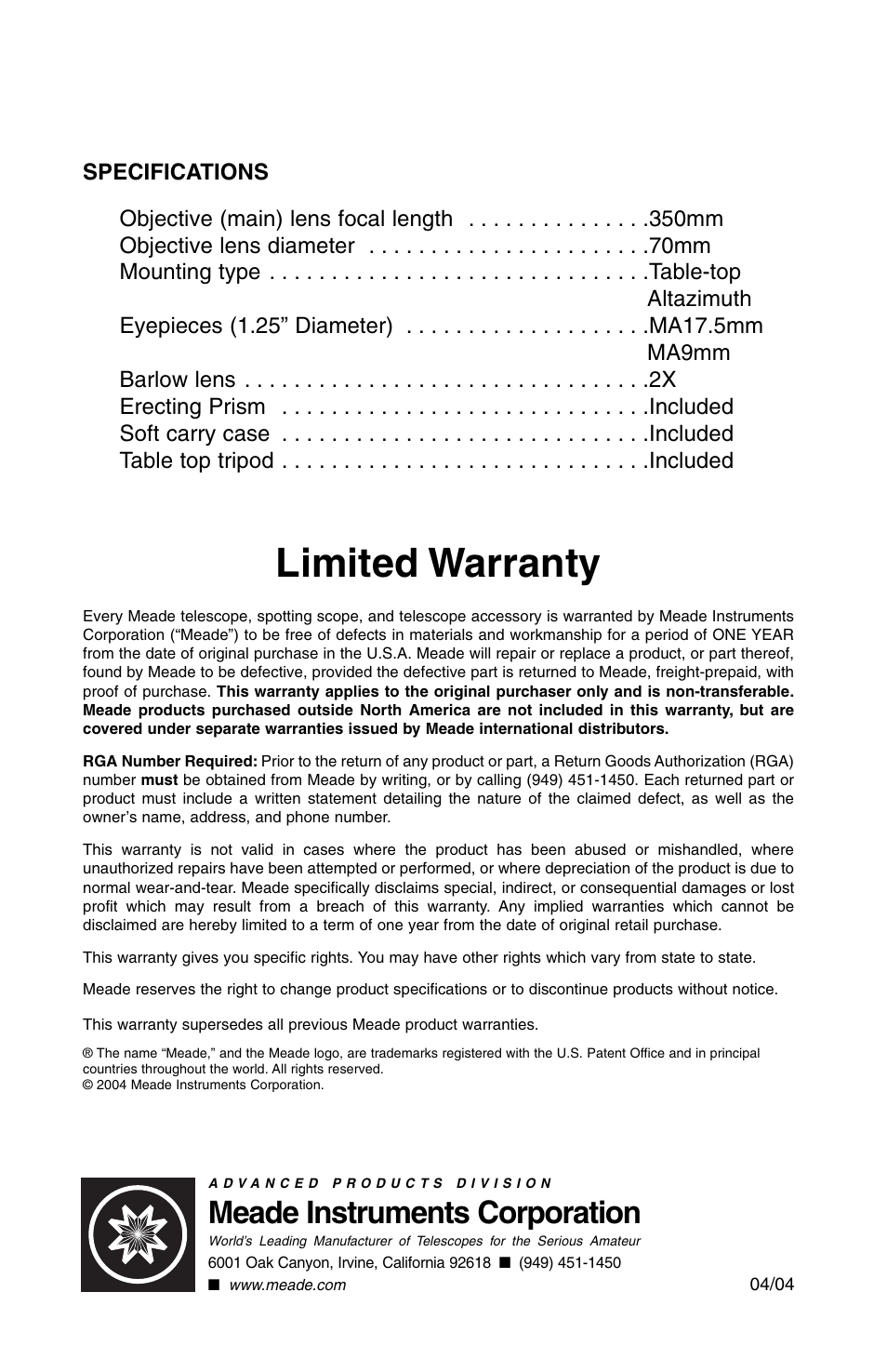 Limited warranty, Meade instruments corporation | Meade Instruments 70AZ-T User Manual | Page 7 / 7