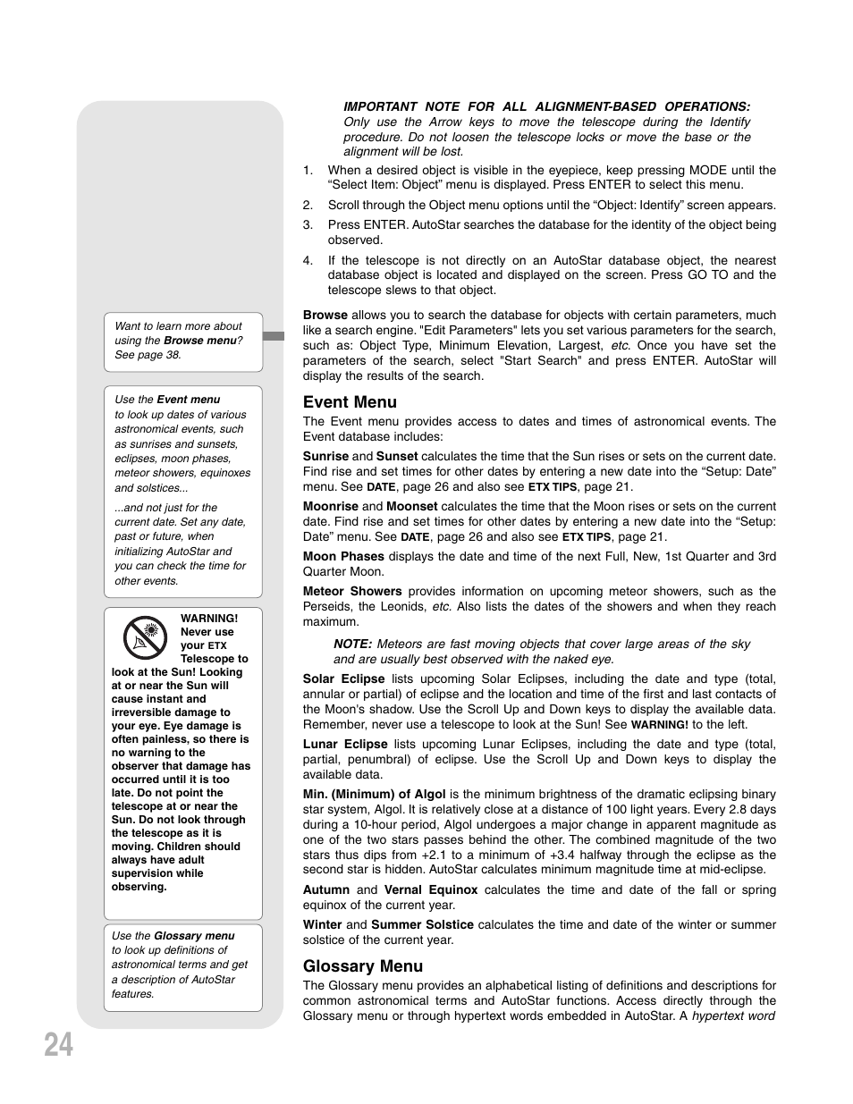 Event menu, Glossary menu | Meade Instruments ETX-90PE User Manual | Page 24 / 60