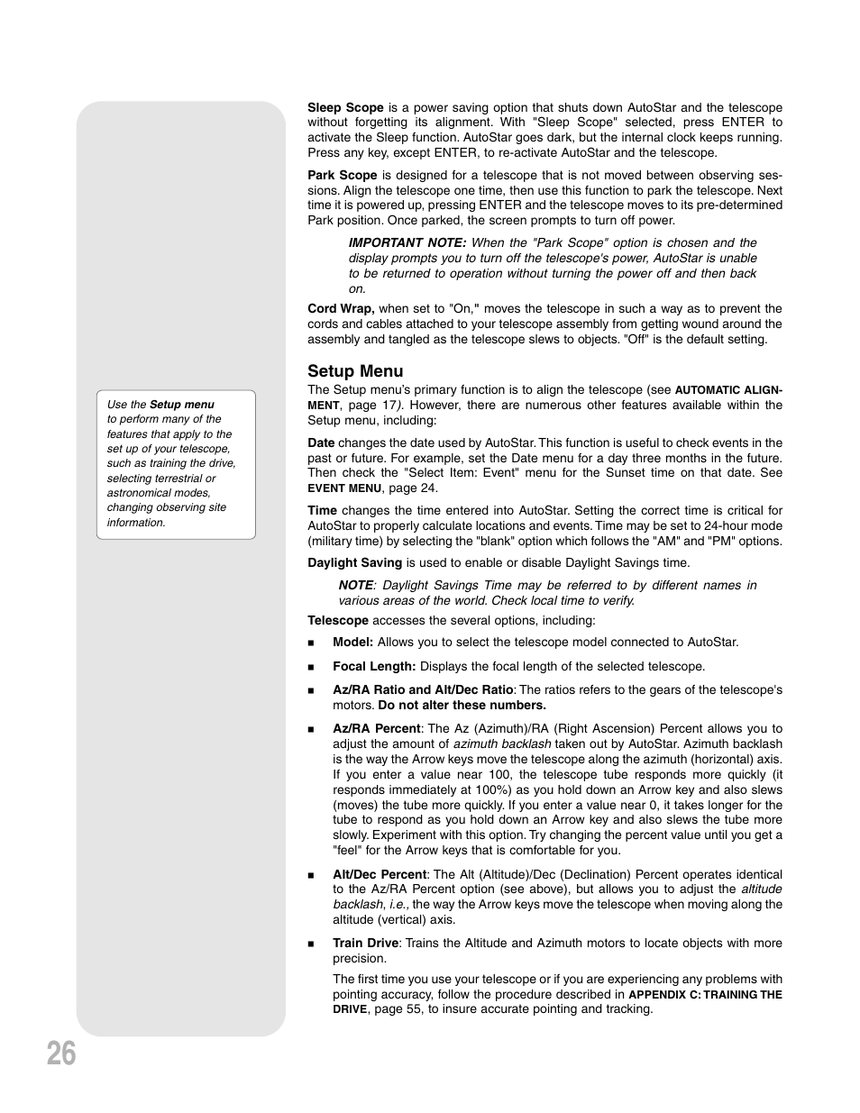 Setup menu | Meade Instruments ETX-90PE User Manual | Page 26 / 60