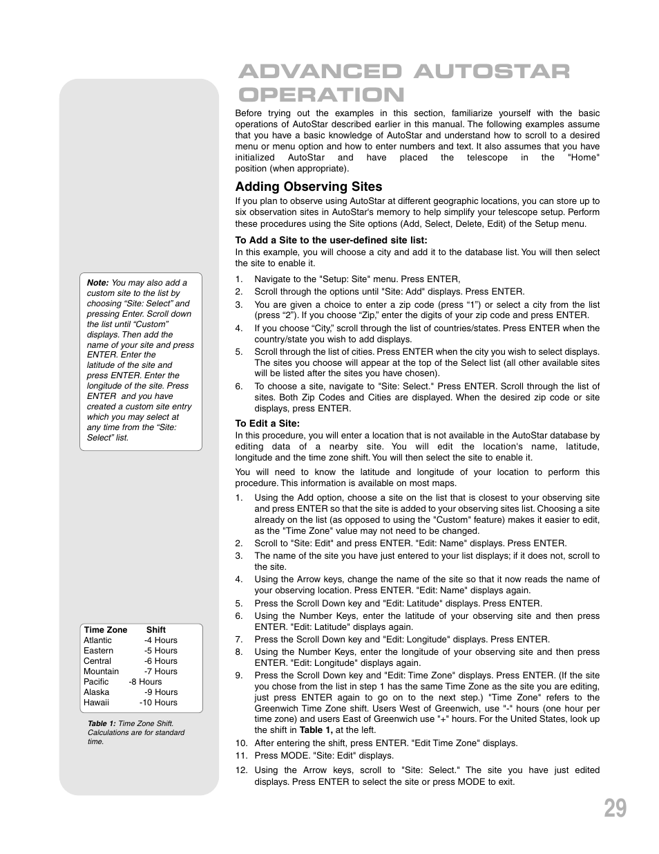 Advanced autostar operation, Adding observing sites | Meade Instruments ETX-90PE User Manual | Page 29 / 60
