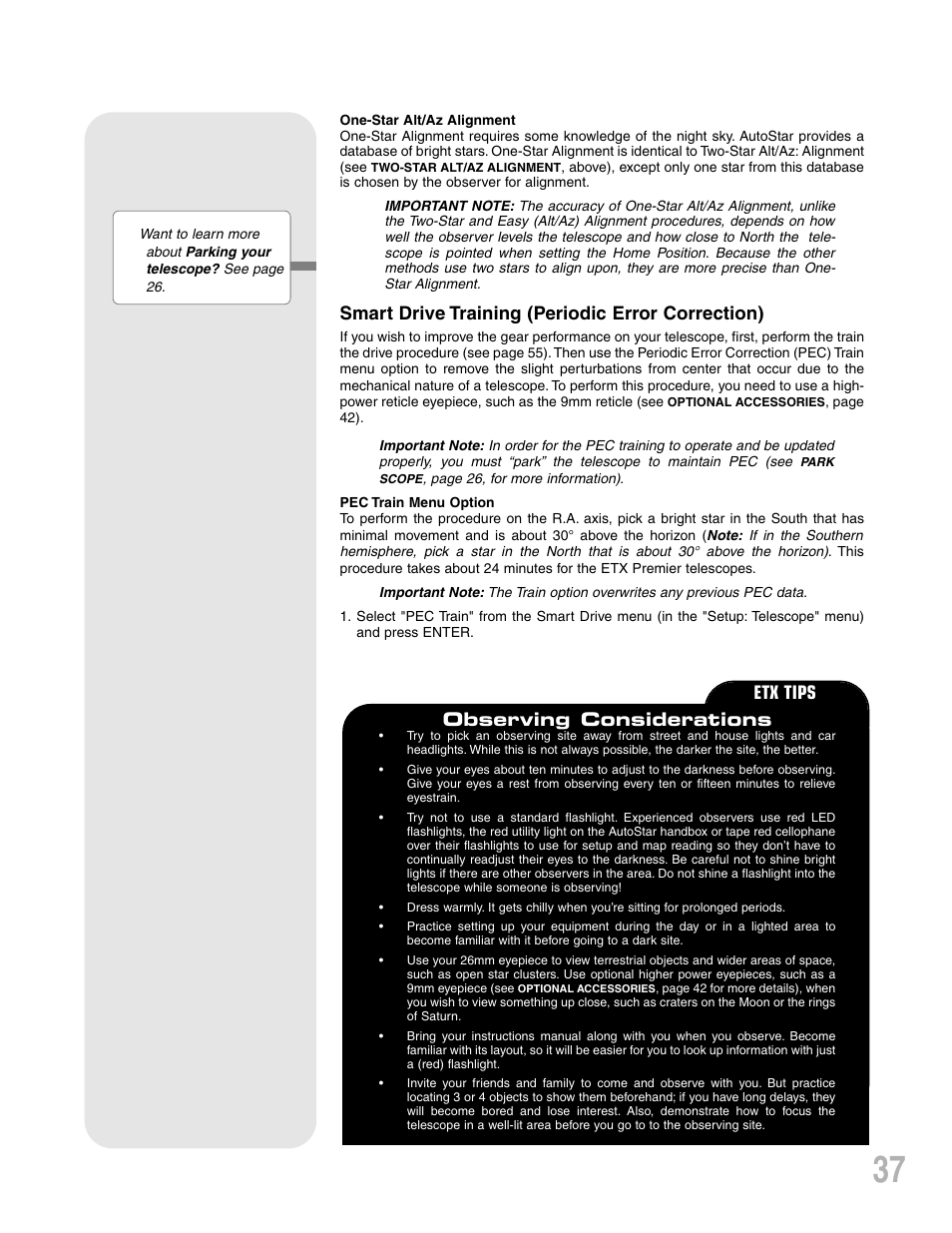 Smart drive training (periodic error correction), Etx tips observing considerations | Meade Instruments ETX-90PE User Manual | Page 37 / 60