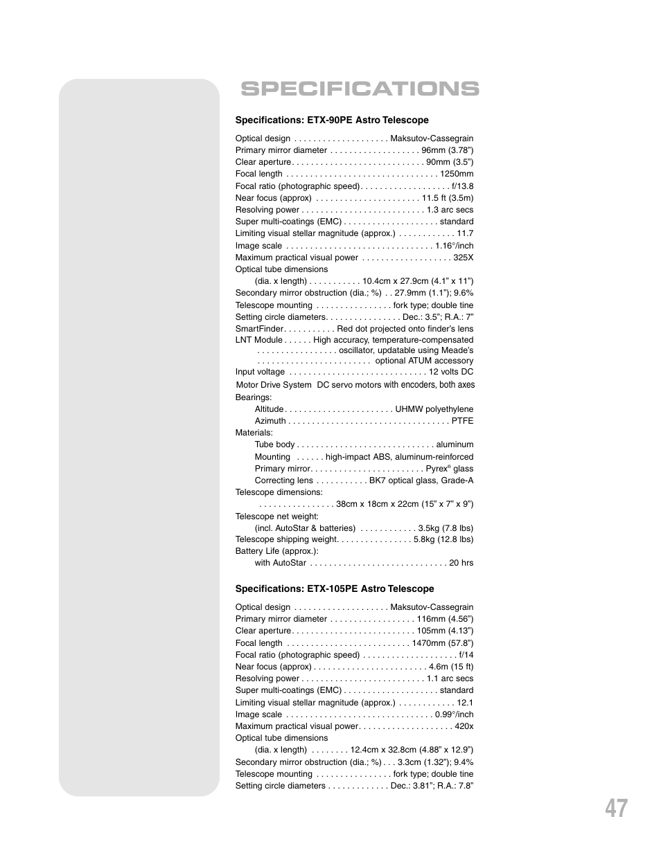 Specifications | Meade Instruments ETX-90PE User Manual | Page 47 / 60
