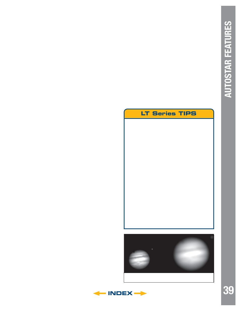 Autost ar fea tures, Lt series tips, Index | Meade Instruments LT SC Series User Manual | Page 39 / 52