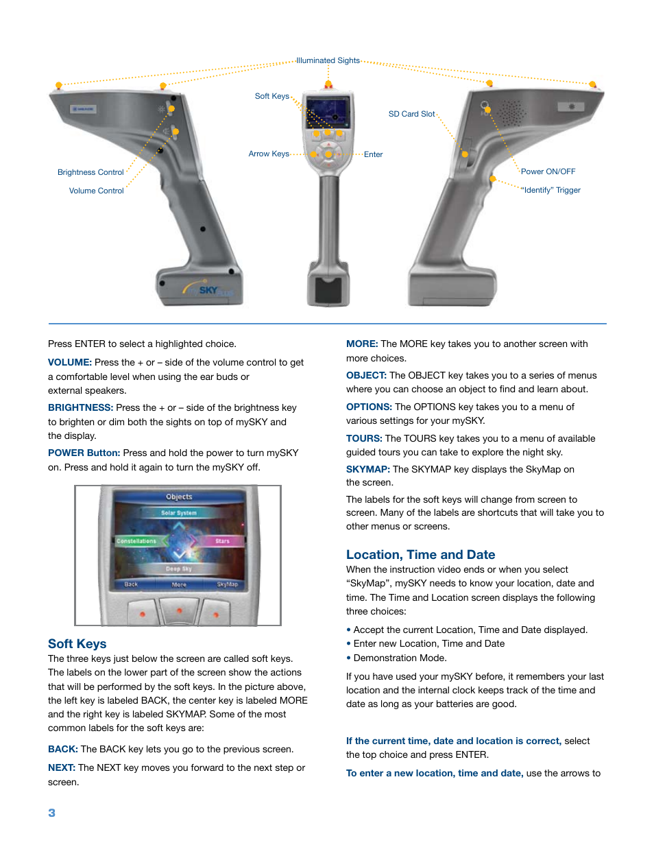 Soft keys, Location, time and date | Meade Instruments Video mySKY Plus User Manual | Page 4 / 12