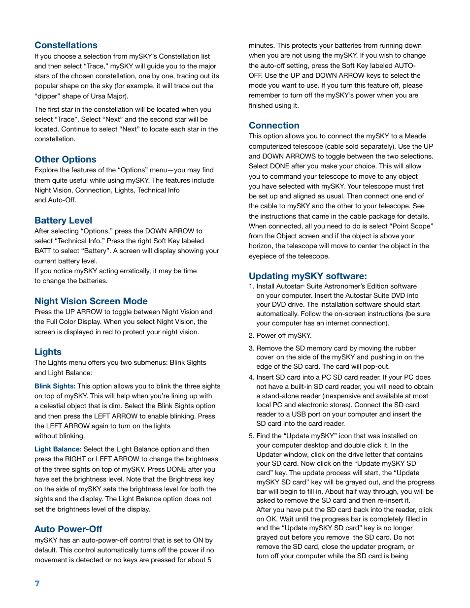 Constellations, Other options, Battery level | Night vision screen mode, Lights, Auto power-off, Connection, Updating mysky software | Meade Instruments Video mySKY Plus User Manual | Page 8 / 12