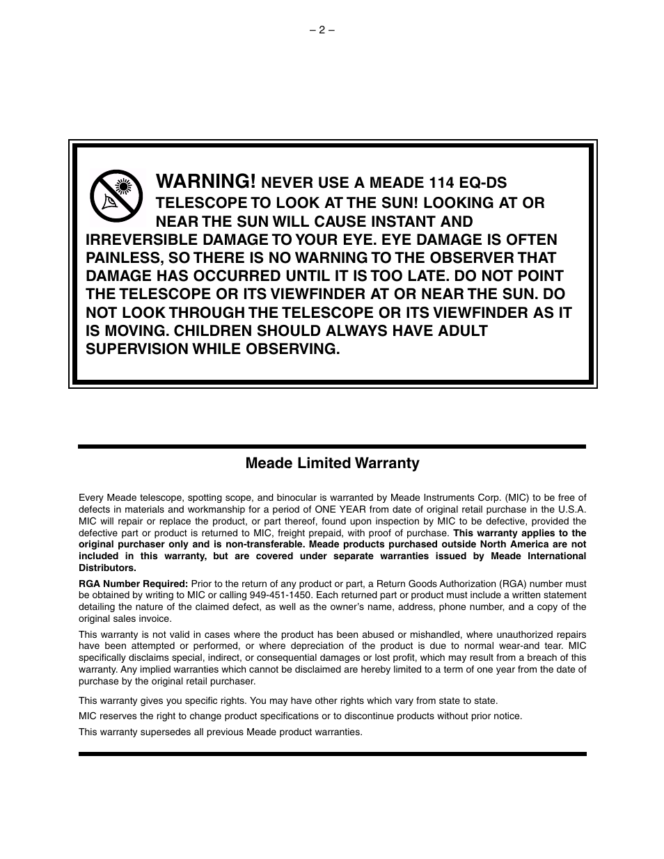 Warning | Meade Instruments 114 EQ-DS User Manual | Page 2 / 16