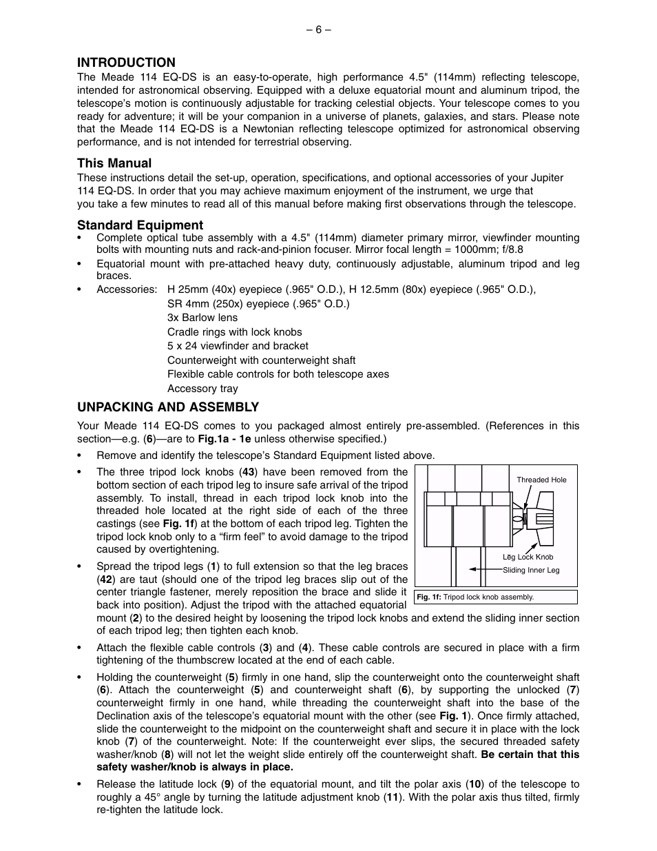 Introduction, This manual, Standard equipment | Unpacking and assembly | Meade Instruments 114 EQ-DS User Manual | Page 6 / 16