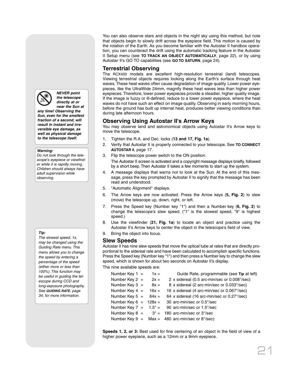 Terrestrial observing, Observing using autostar ii's arrow keys, Slew speeds | Meade Instruments RCX400TM User Manual | Page 21 / 74