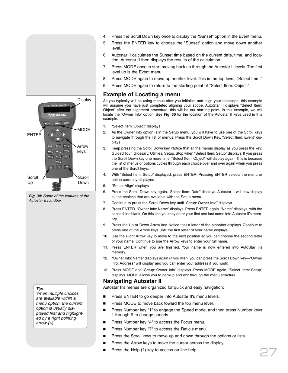 Example of locating a menu, Navigating autostar ii | Meade Instruments RCX400TM User Manual | Page 27 / 74