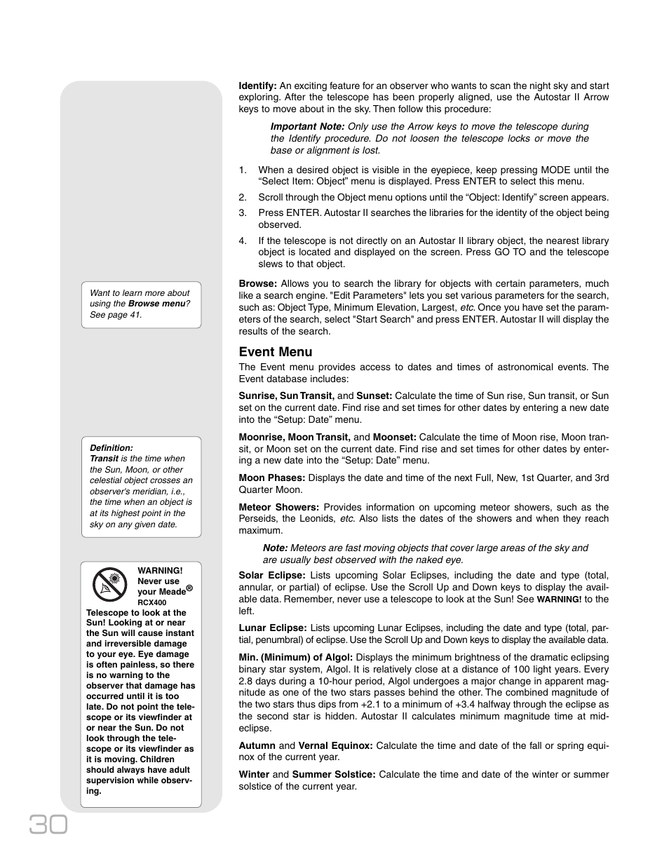 Event menu | Meade Instruments RCX400TM User Manual | Page 30 / 74