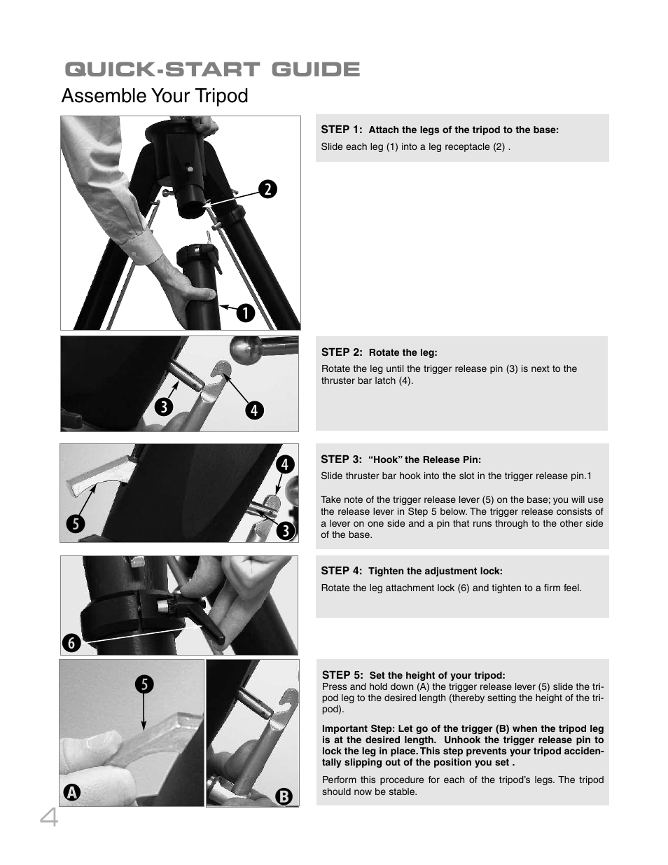 Bf f, Quick-start guide assemble your tripod | Meade Instruments RCX400TM User Manual | Page 4 / 74