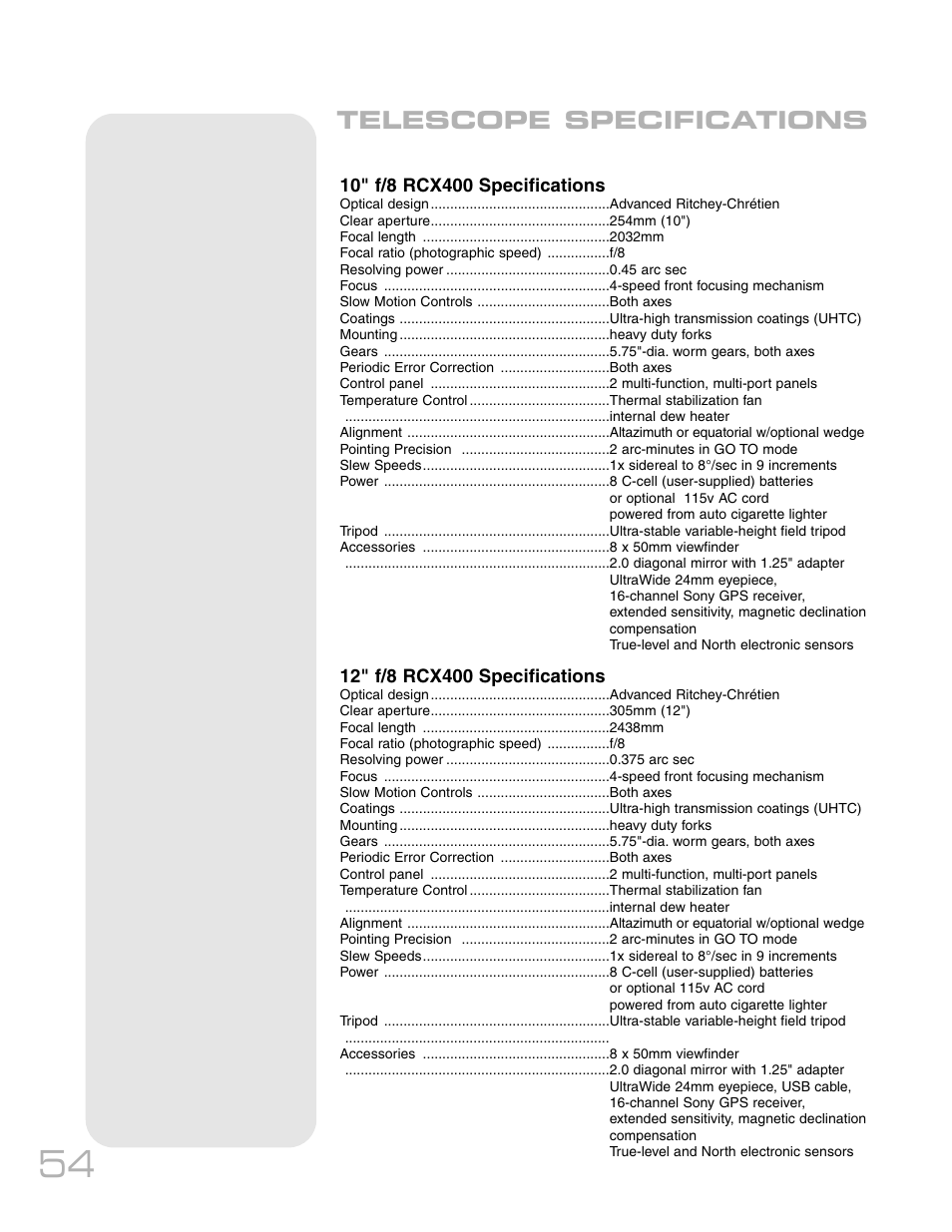 Telescope specifications | Meade Instruments RCX400TM User Manual | Page 54 / 74