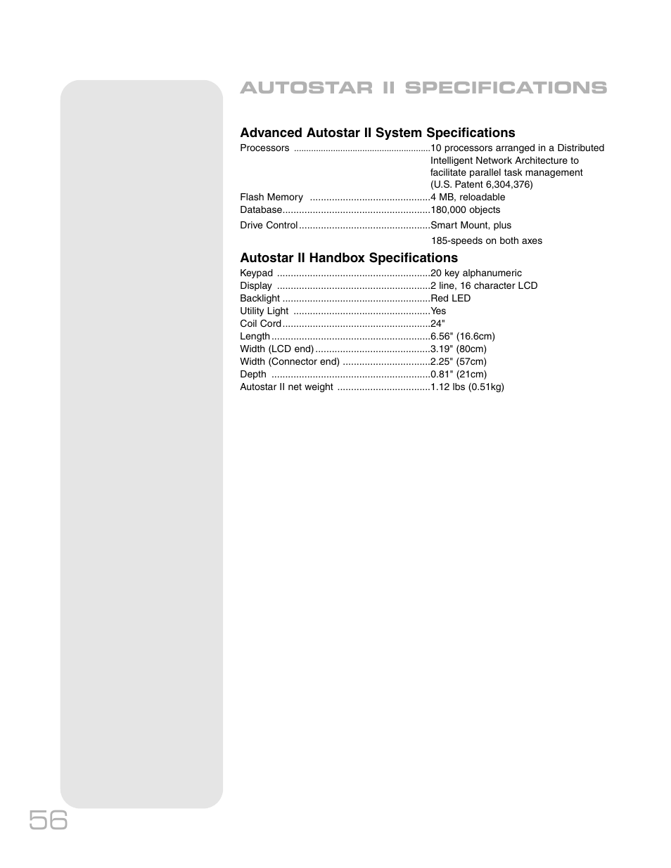 Autostar ii specifications | Meade Instruments RCX400TM User Manual | Page 56 / 74