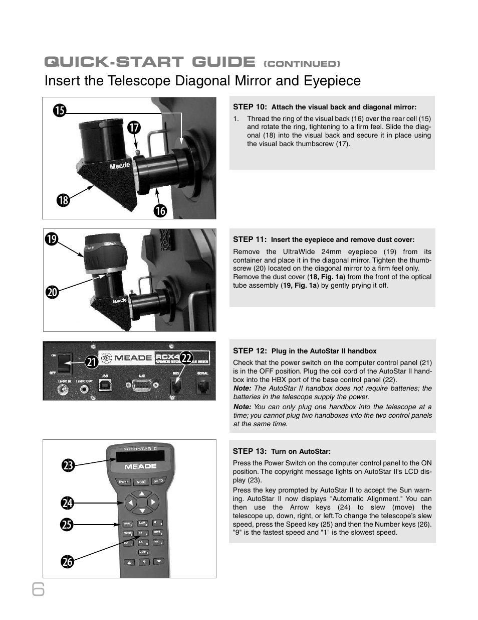 Quick-start guide, Insert the telescope diagonal mirror and eyepiece | Meade Instruments RCX400TM User Manual | Page 6 / 74