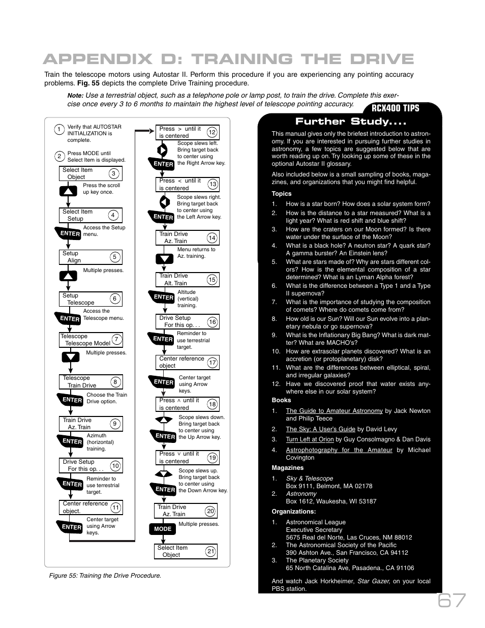 Appendix d: training the drive, Further study, Rcx400 tips | Meade Instruments RCX400TM User Manual | Page 67 / 74