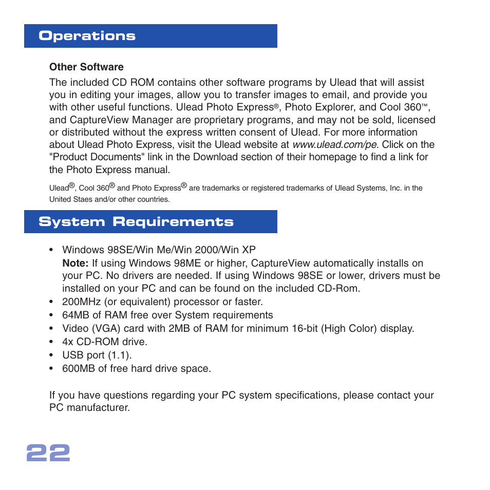 Operations system requirements | Meade Instruments CV-1 8 x 22 VGA User Manual | Page 22 / 28