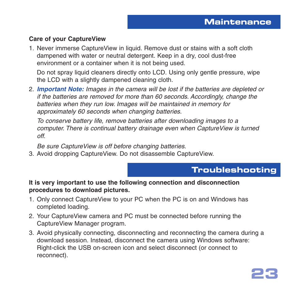 Maintenance troubleshooting | Meade Instruments CV-1 8 x 22 VGA User Manual | Page 23 / 28