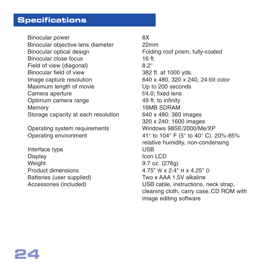 Specifications | Meade Instruments CV-1 8 x 22 VGA User Manual | Page 24 / 28