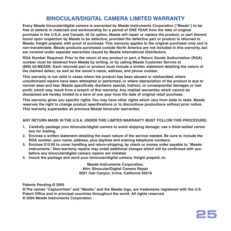 Binocular/digital camera limited warranty | Meade Instruments CV-1 8 x 22 VGA User Manual | Page 25 / 28