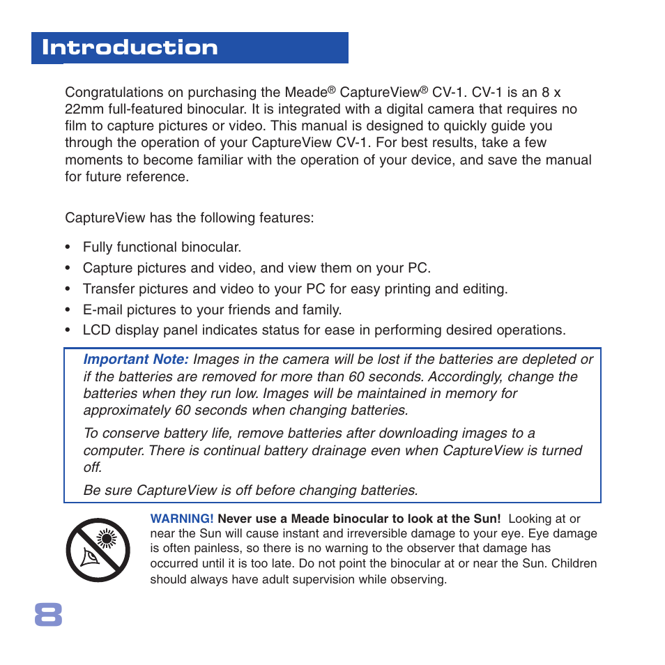 Introduction | Meade Instruments CV-1 8 x 22 VGA User Manual | Page 8 / 28