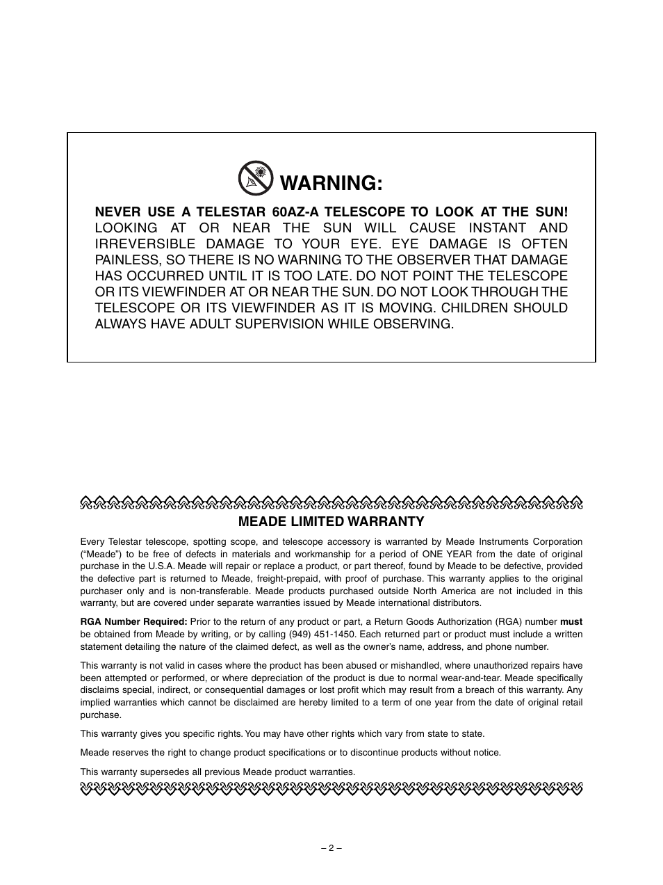 Warning | Meade Instruments 60AZ-A User Manual | Page 2 / 8