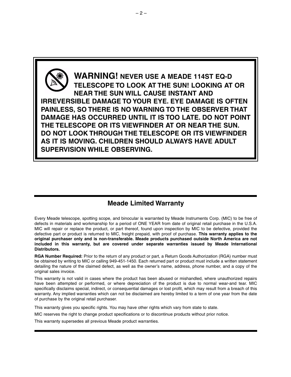 Warning | Meade Instruments 114ST EQ-D User Manual | Page 2 / 16