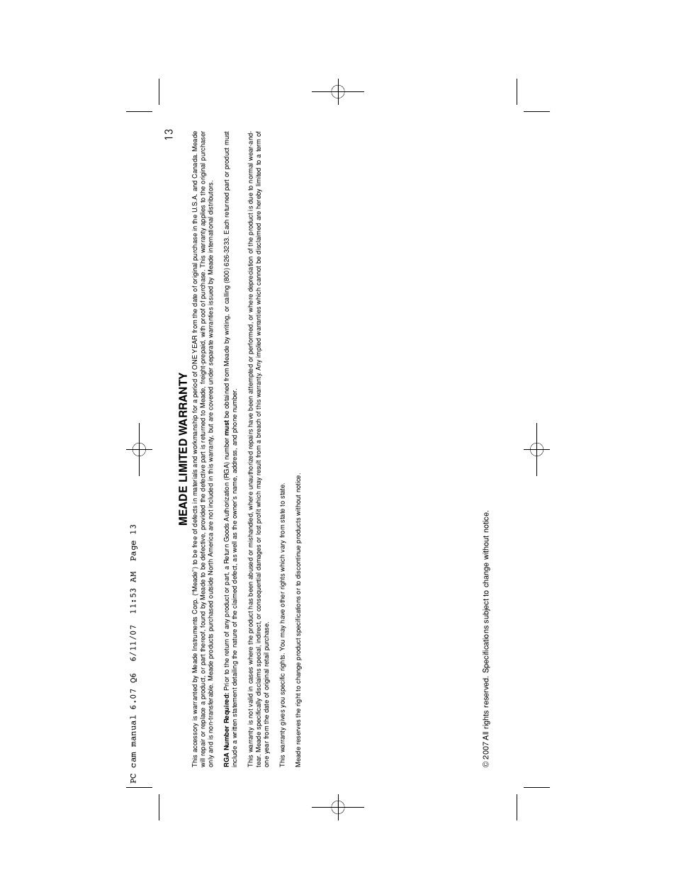 Meade limited w arranty | Meade Instruments 626-3233 User Manual | Page 13 / 16