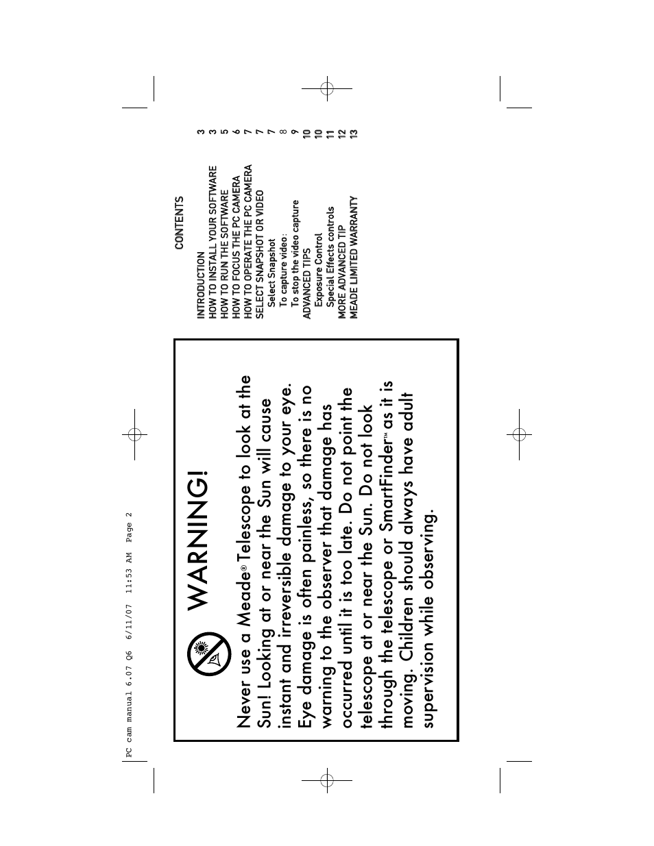 Warning, Never use a meade | Meade Instruments 626-3233 User Manual | Page 2 / 16