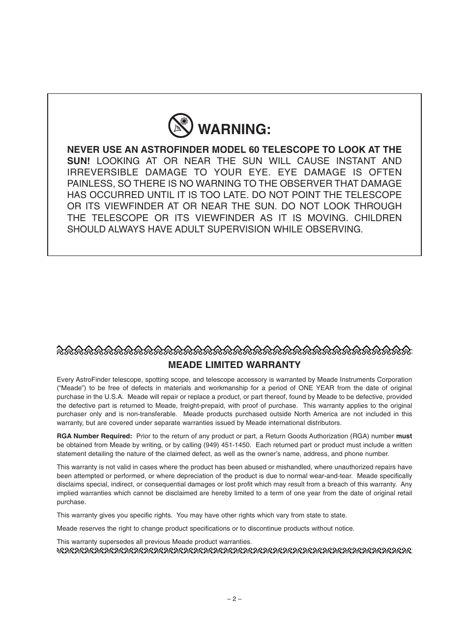 Warning | Meade Instruments 60 User Manual | Page 2 / 8