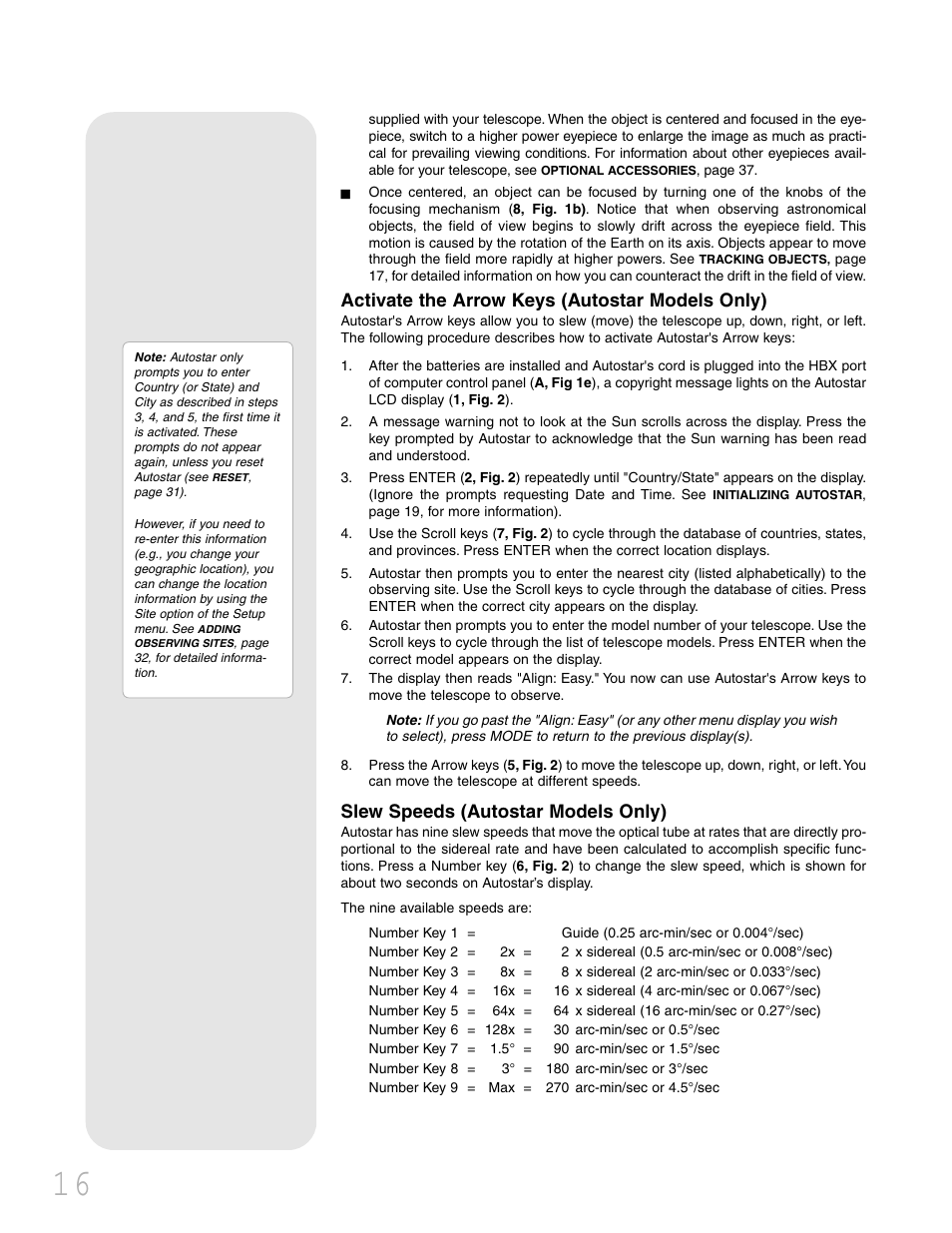 Activate the arrow keys (autostar models only), Slew speeds (autostar models only) | Meade Instruments LXD 75 User Manual | Page 16 / 68